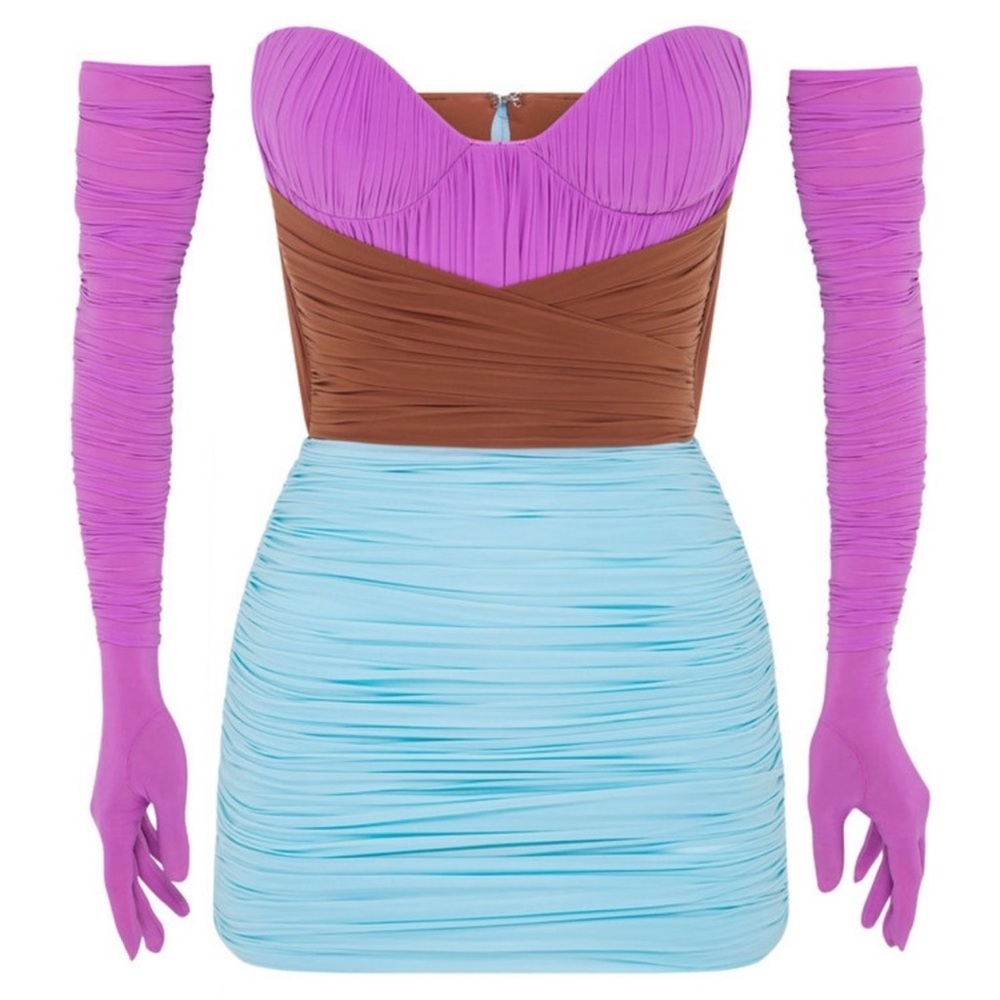 Alex Perry Pink and Blue Ruched Bustier Dress w/ gloves